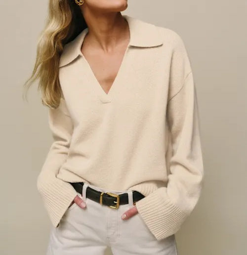 Women's Oversized Polo V-Neck Sweater Pullover
