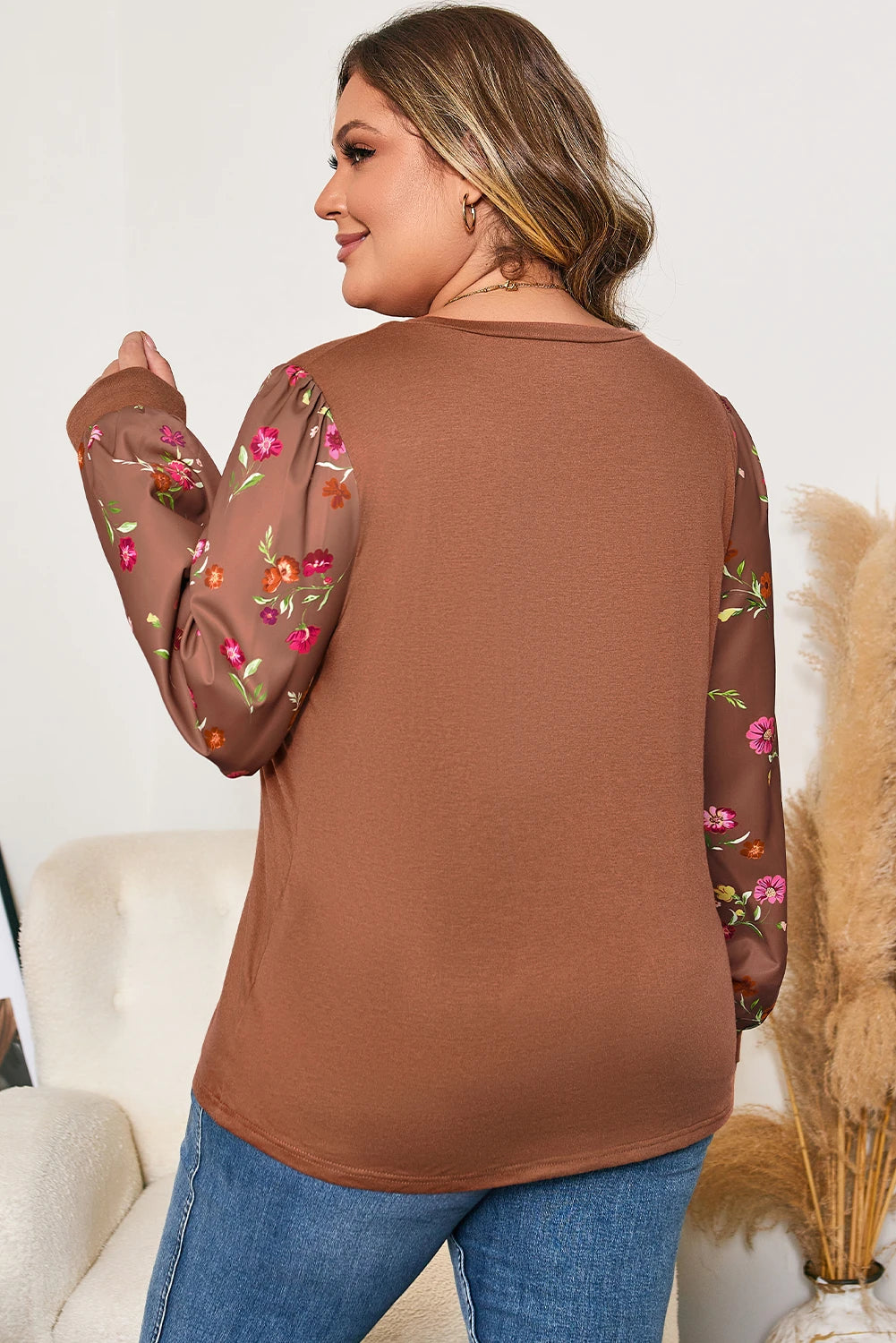 Brown Floral Sleeve Patchwork Round Neck Plus Blouse