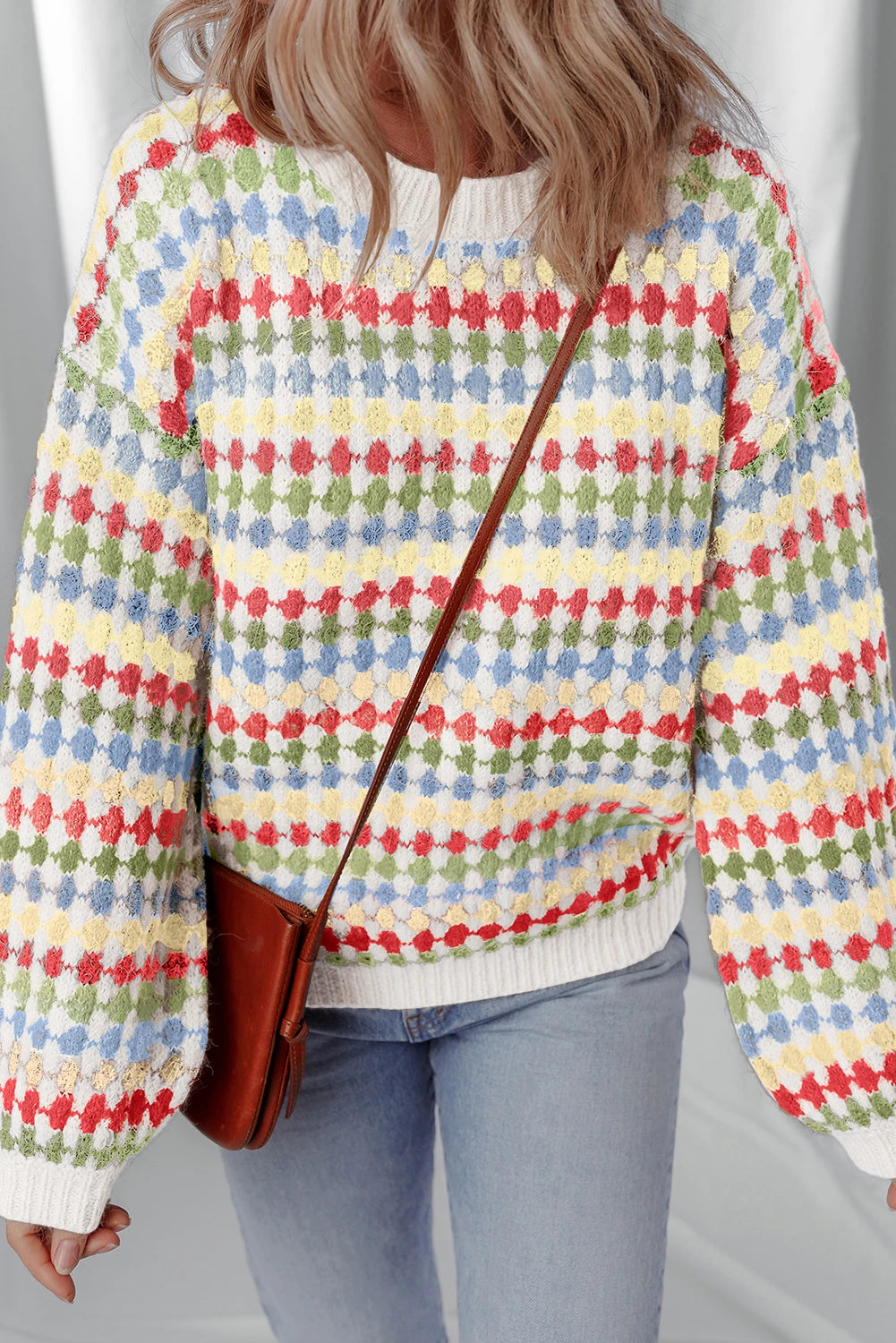 Dotty Striped Pattern Knit Drop Shoulder Sweater