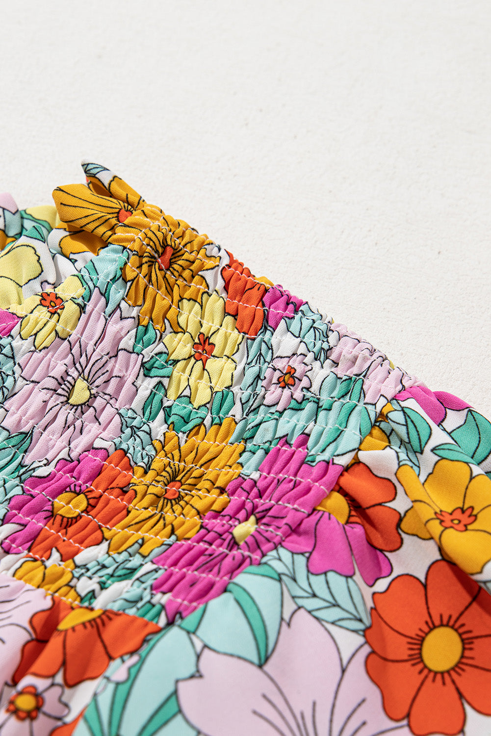 Yellow Floral Print Shirred Tiered Ruffled Sleeve Blouse