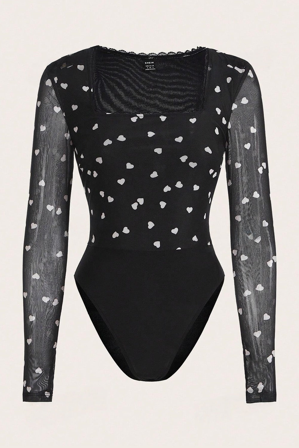 Black Heart Shape Mesh Patchwork Square Neck Bodysuit
