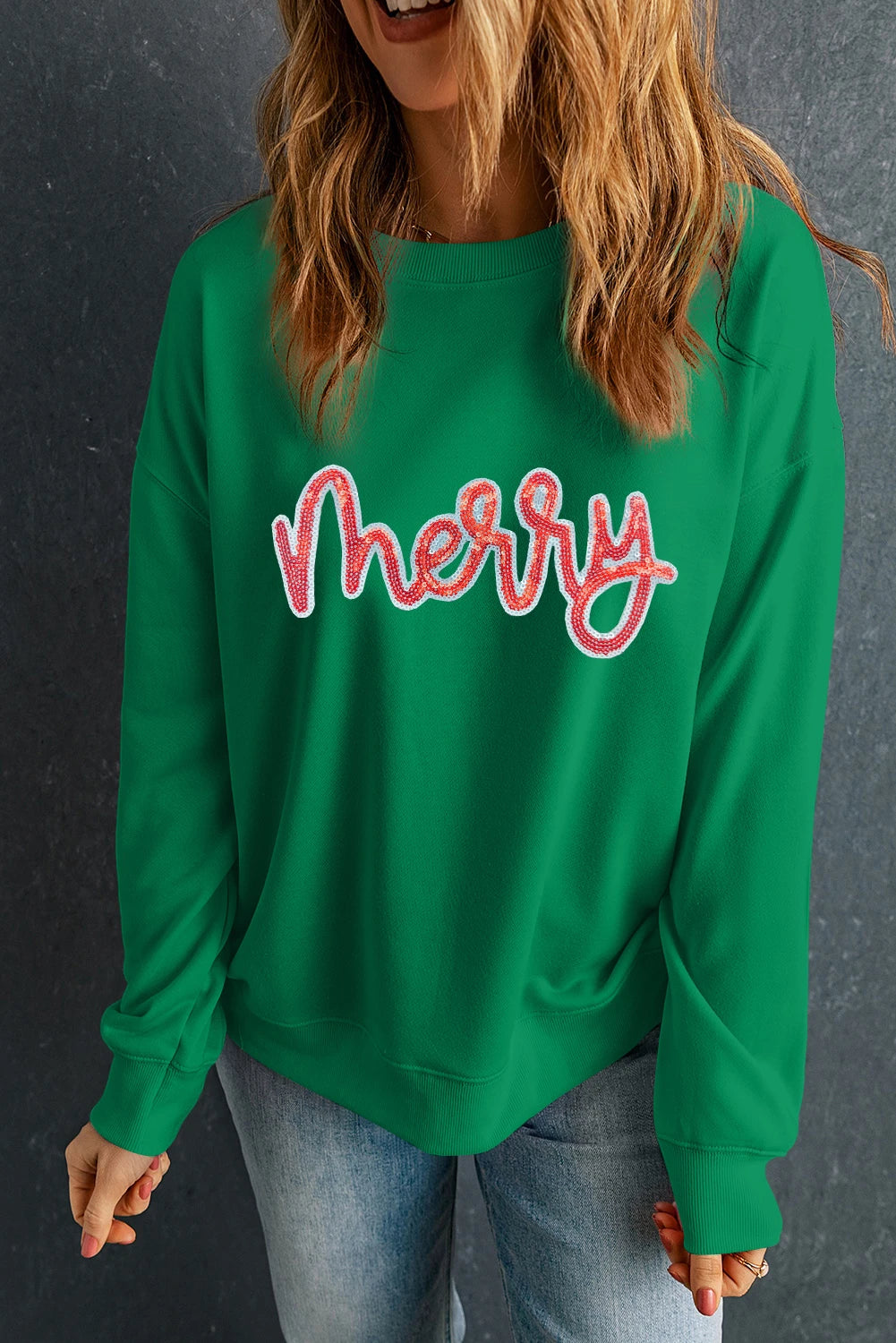 Dark Green merry Sequin Letter Patched Drop Shoulder Baggy Sweatshirt
