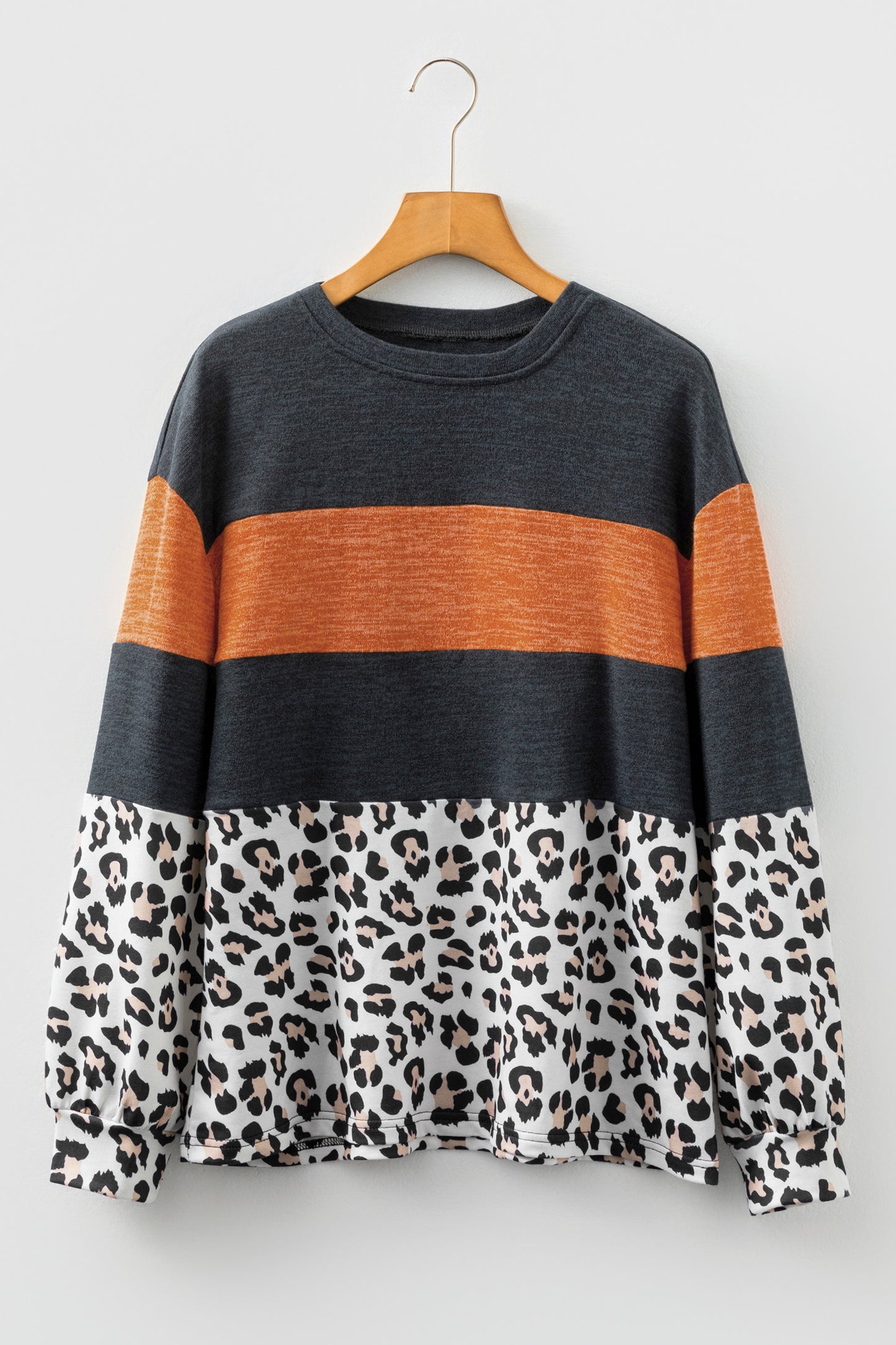 Black Color Block Leopard Patchwork Long Sleeve Casual Top
