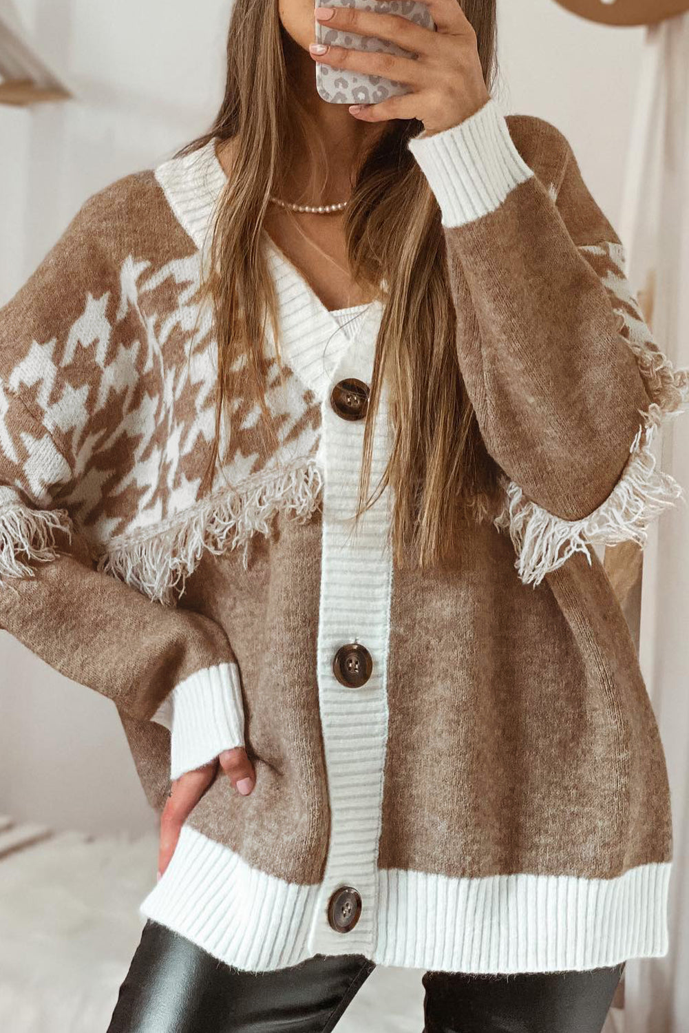 Khaki Houndstooth Color Block V Neck Raw Edge Button Front Cardigan