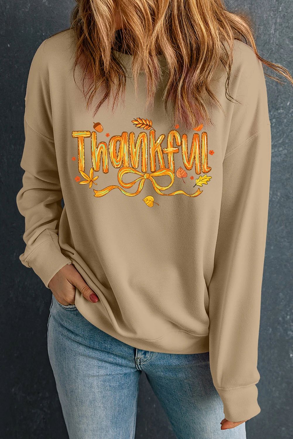 Khaki Thankful Fall Vibe Graphic Thanksgiving Sweatshirt