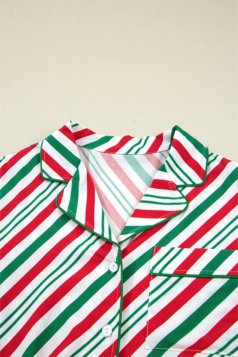 Green Stripe Contrast Velvet Ribbon Knot Christmas 2pcs Pajama Set