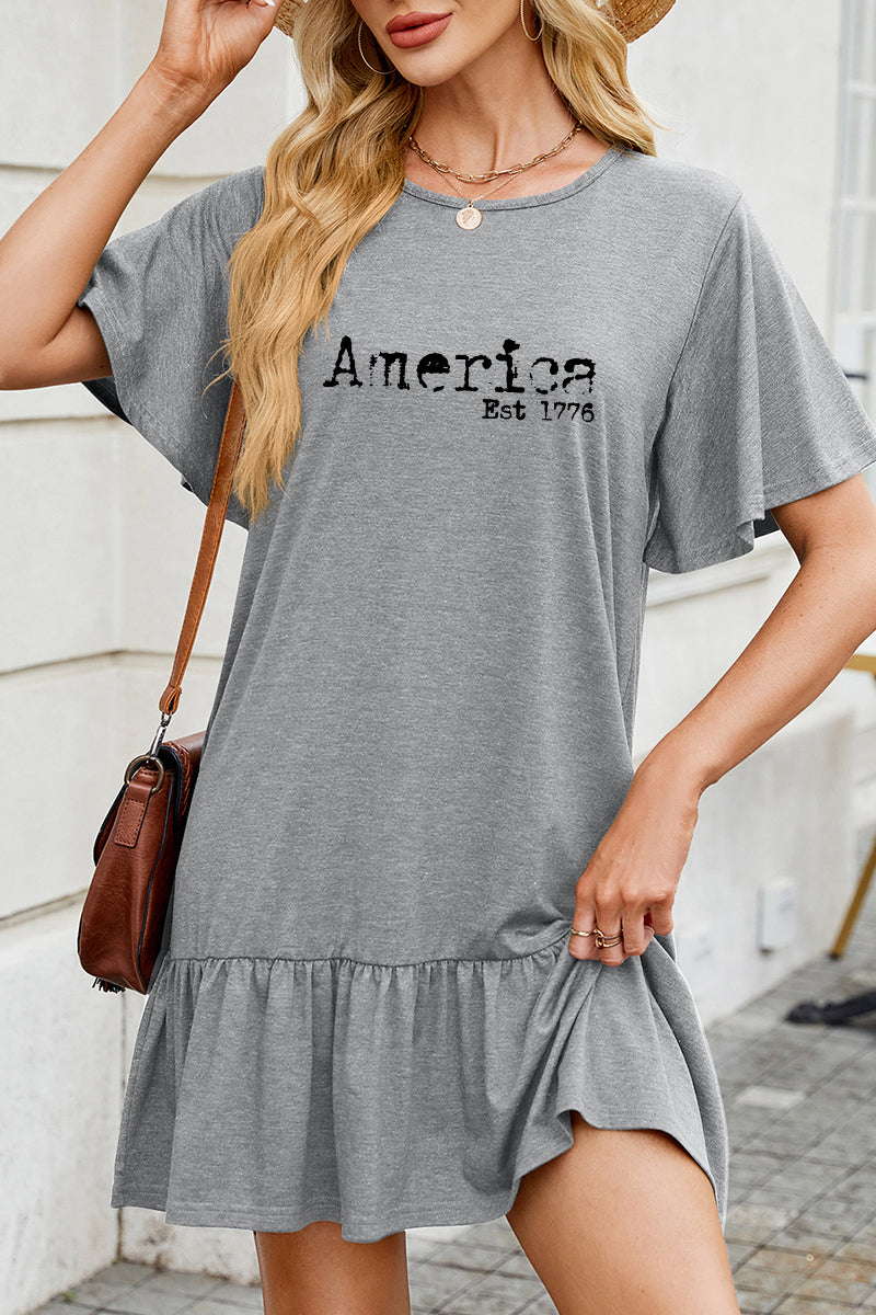 America Graphic Cotton Dress Casual Ruffle Holiday
