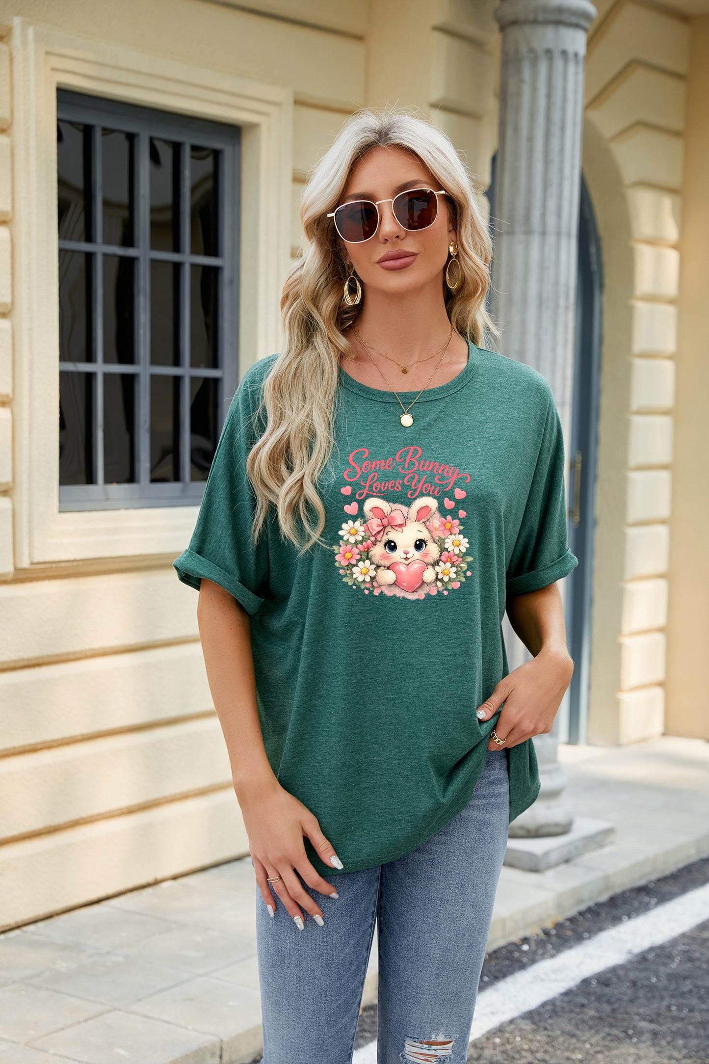 Easter Clover Heart Graphic Oversized Casual T Shirt