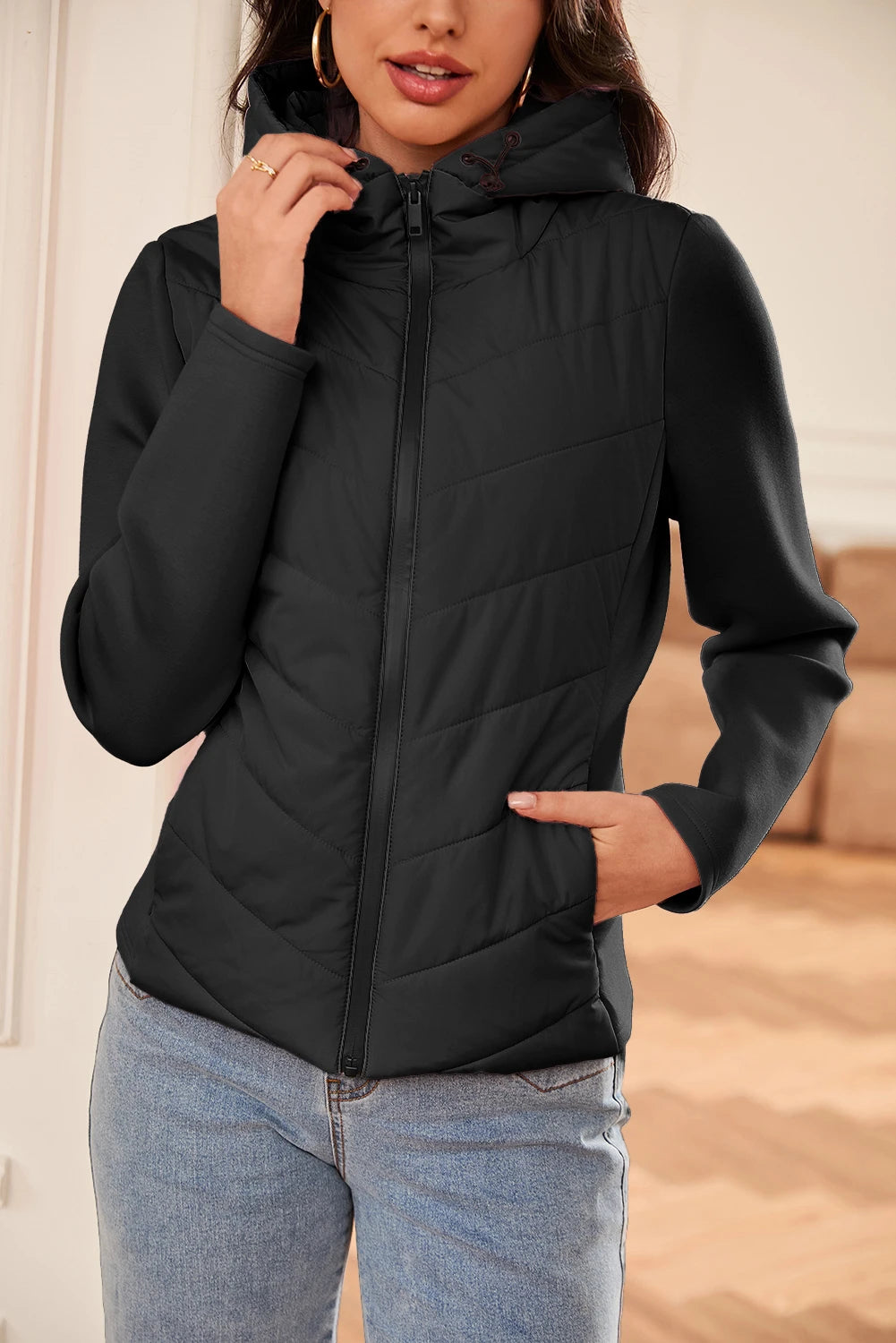 Dark Brown Scuba Sleeve Patchwork Zipped Front Hooded Puffer Jacket