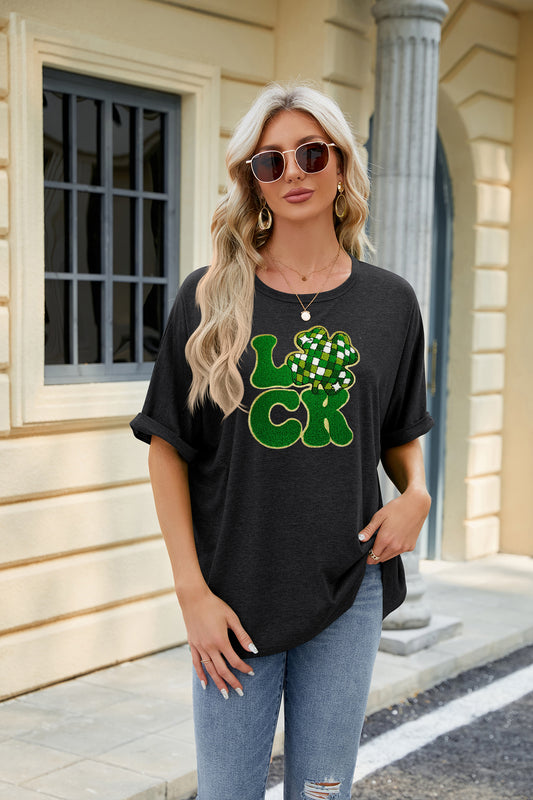 St Patrick’s Day Sequin LUCK Clover Graphic Tee