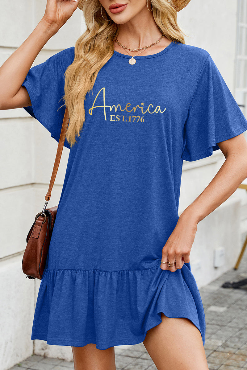 America Letter Cotton Dress Casual Ruffle Trendy