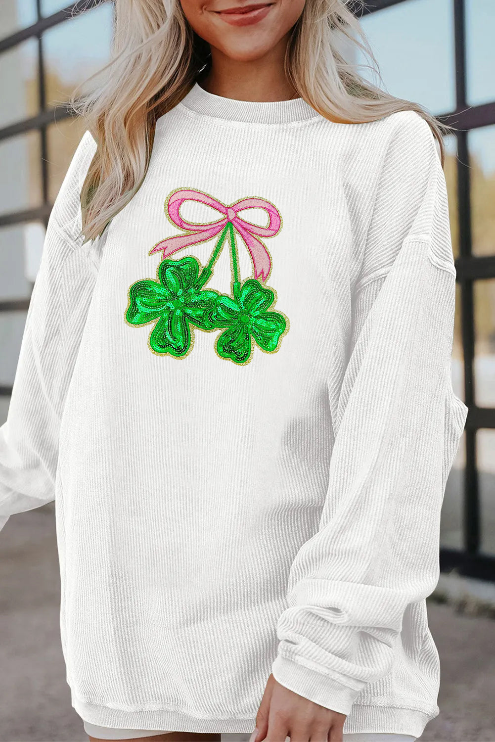 Saint Patrick’s Day LUCK Clover Graphic Corded Sweatshirt