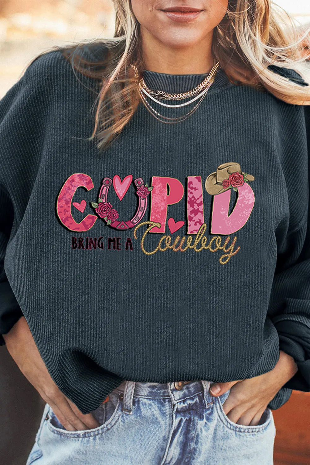 Valentines Day Cupid Cowboy Graphic Casual Sweatshirt
