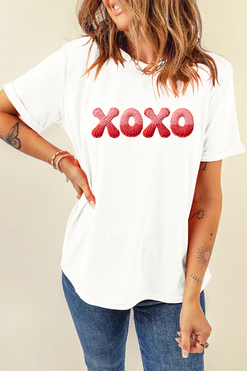 Valentine’s Day XOXO Knit Letter Graphic Tee（Not Embroidery）