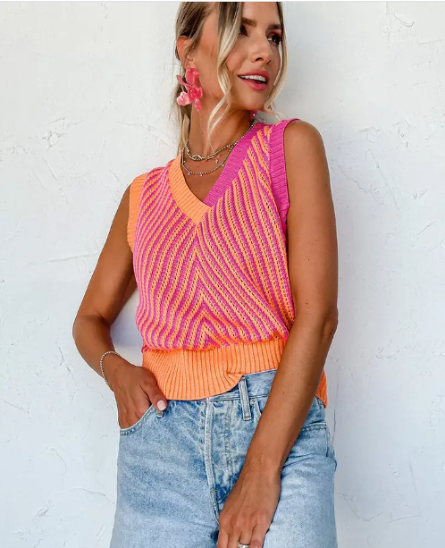 Light Pink Contrast Chevron Knit V Neck Sweater Vest