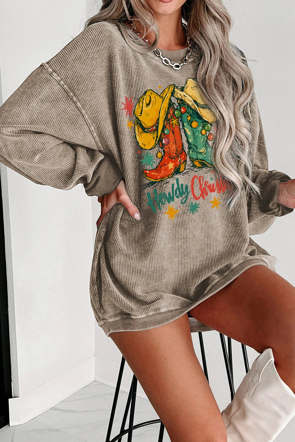 Khaki Howdy Christmas Cowboy Boots Graphic Corded Sweatshirt