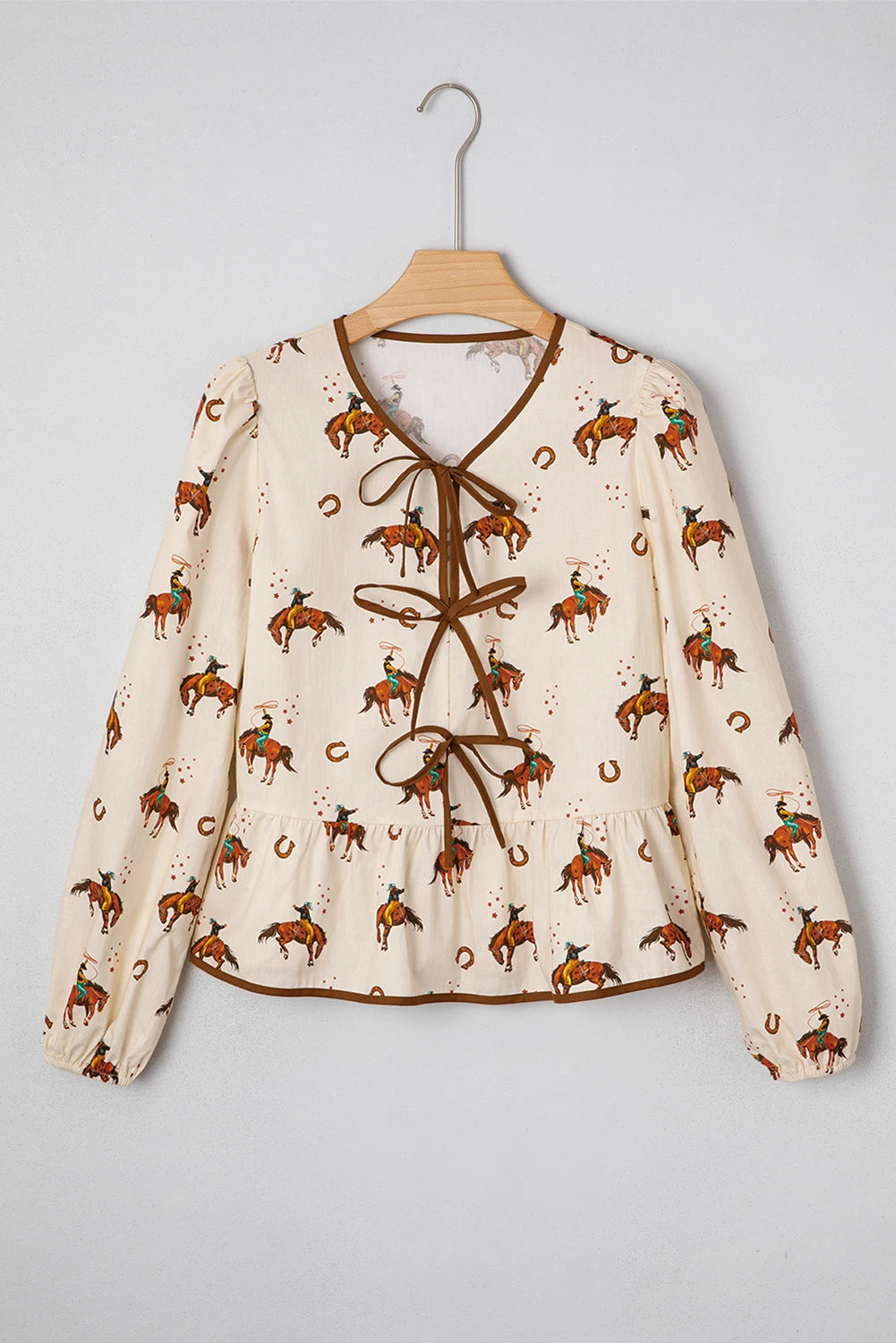 Apricot Western Rodeo Print Tied Front Puff Sleeve Peplum Top