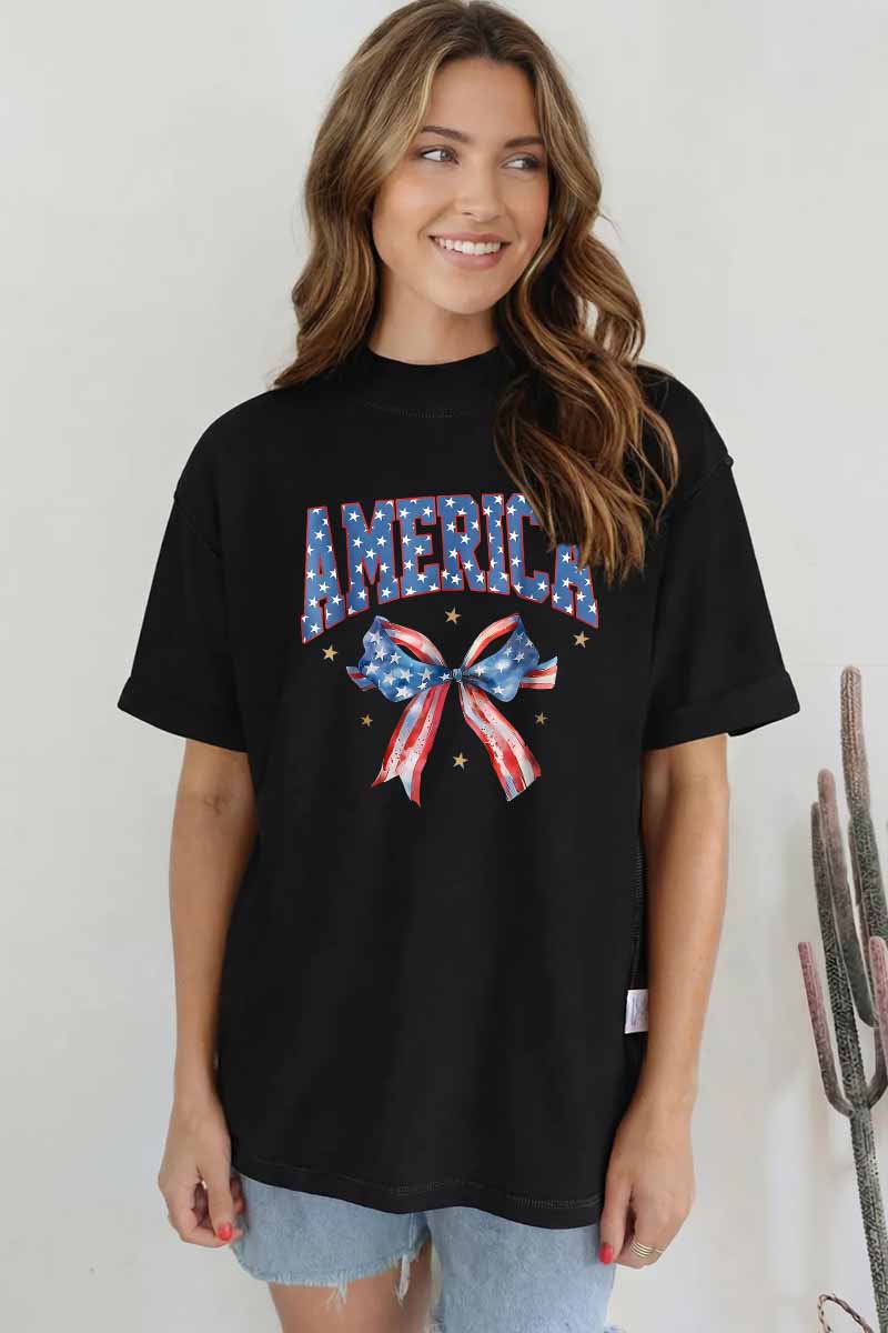America Bow Graphic Tee Oversized Patriotic Boutique Style