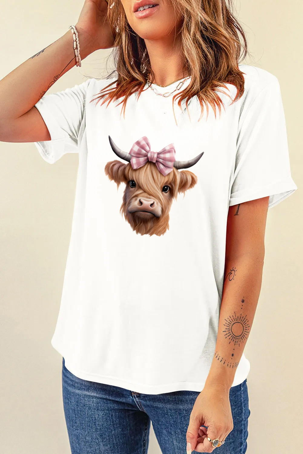 Western Bow Highland Cow Graphic Tee for Women