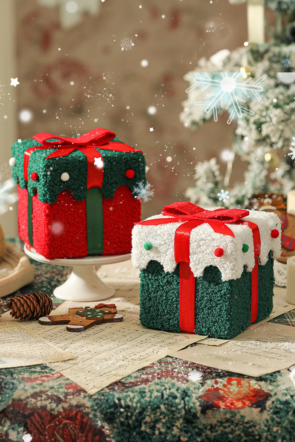 Fiery Red Bow Knot Pompom Detail Plush Christmas Gift Box