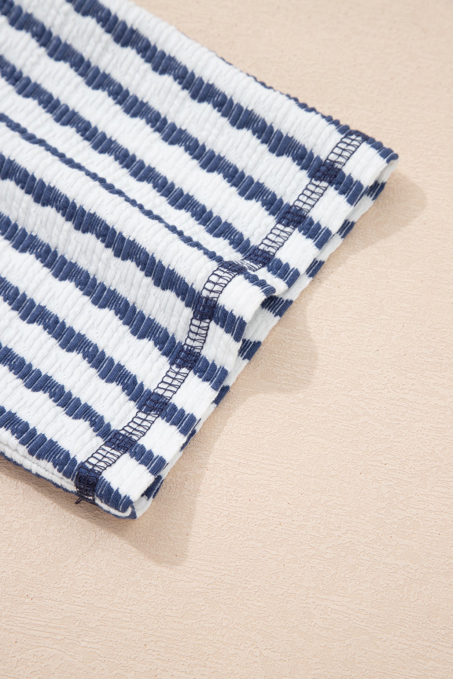 Apricot Stripe Textured Knit Split Hem Half Sleeve Loose Top