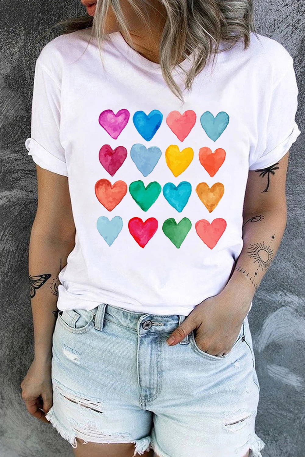 Heart Shaped Print Crew Neck T Shirt