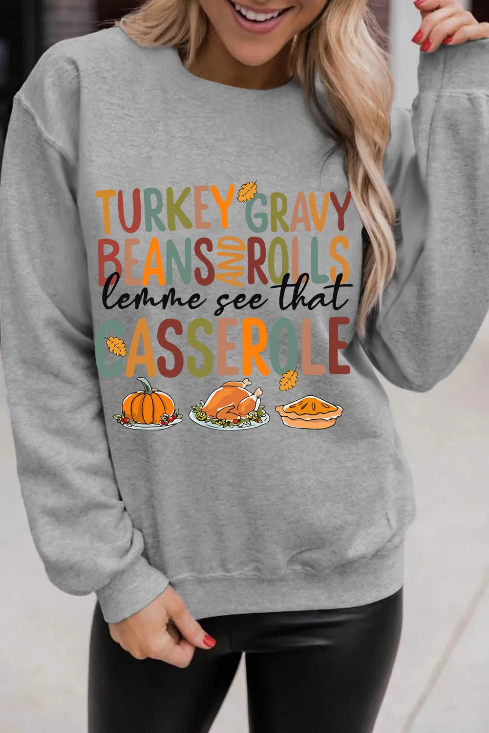 Gray Thanksgiving Slogan Pumpkin Turkey Pie Graphic Sweatshirt