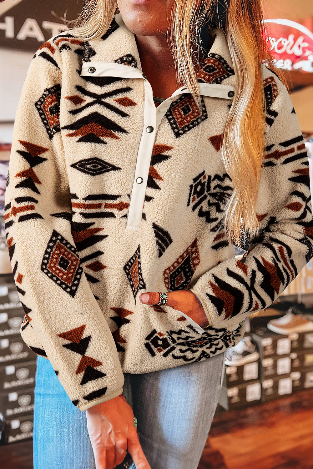 Black Western Aztec Half Zip Plush Sweatshirt
