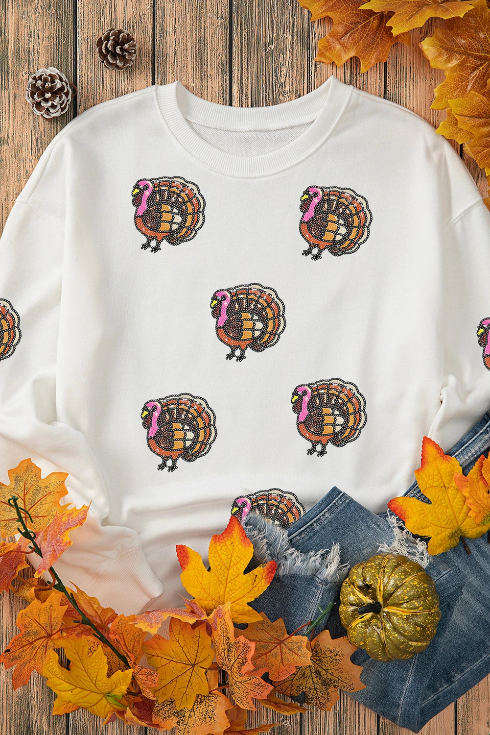 White Thanksgiving Turkey Sequin Patched Pullover Sweatshirt