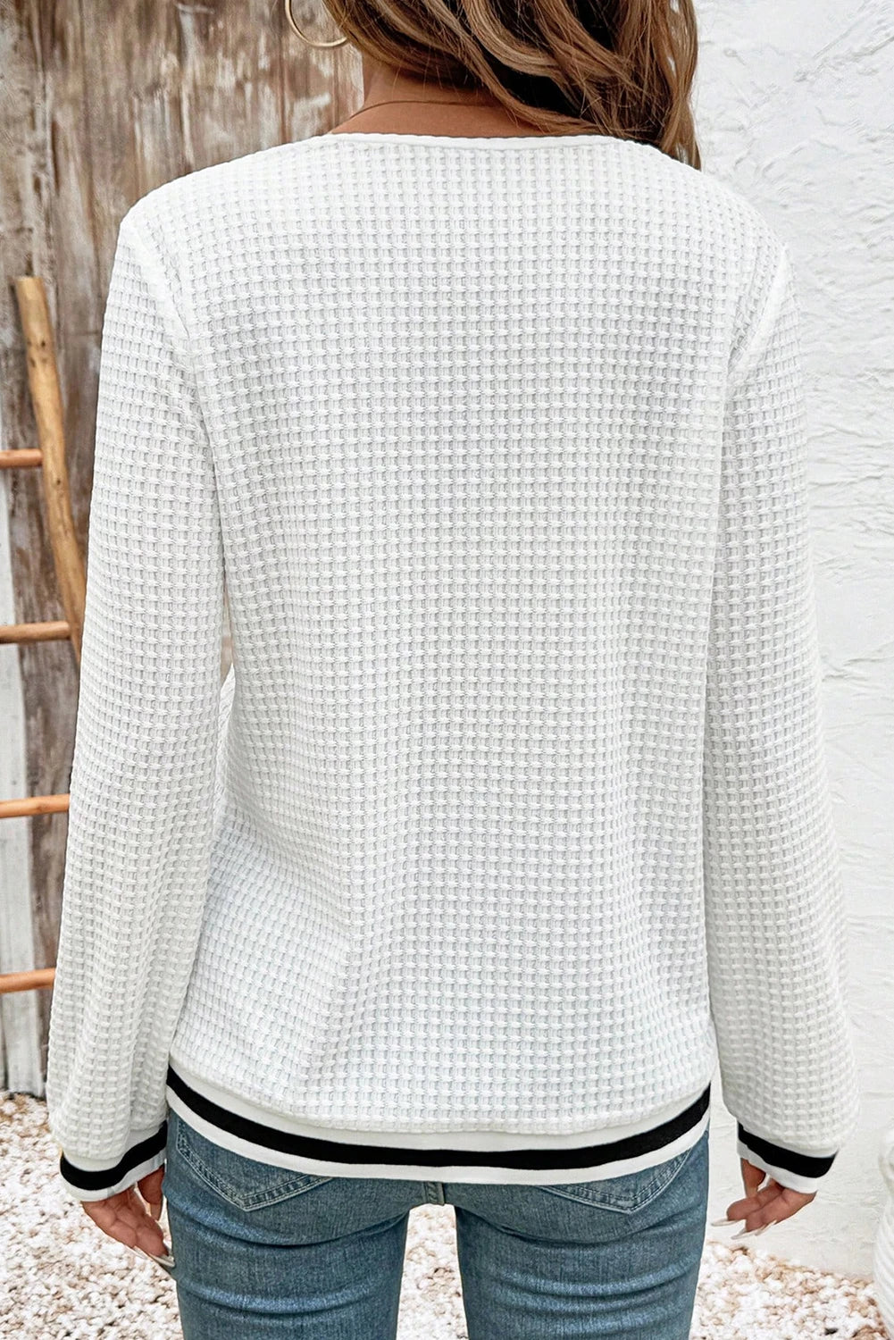 White Textured Knit Preppy Striped Trim V Neck Pullover Waffle Top