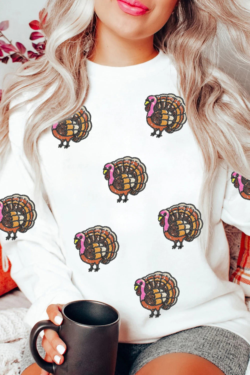 White Thanksgiving Turkey Sequin Patched Pullover Sweatshirt