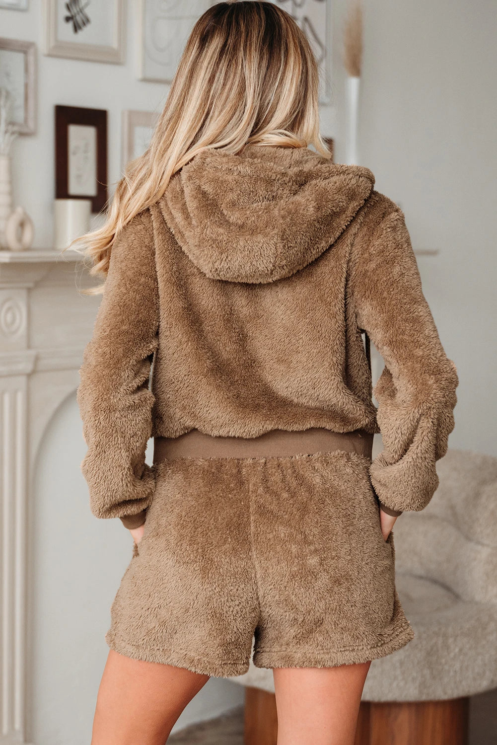 Parchment Zip Up Hoodie Drawstring Shorts Sherpa 2pcs Outfit
