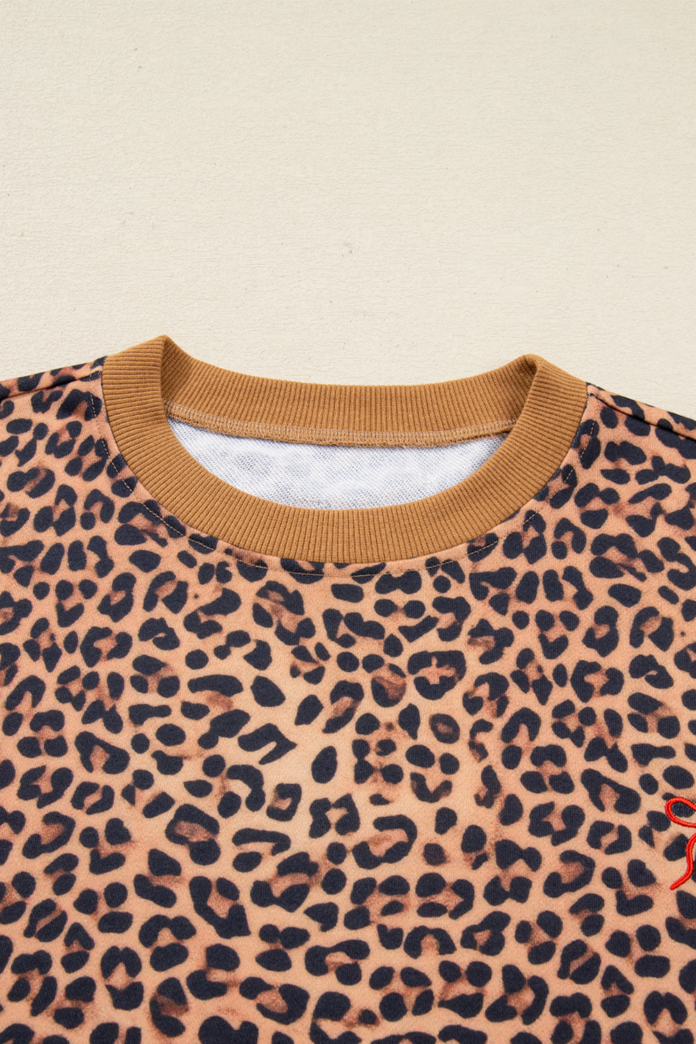 Khaki Leopard Pullover and Pants 2pcs Outfit with Bow Embroidery
