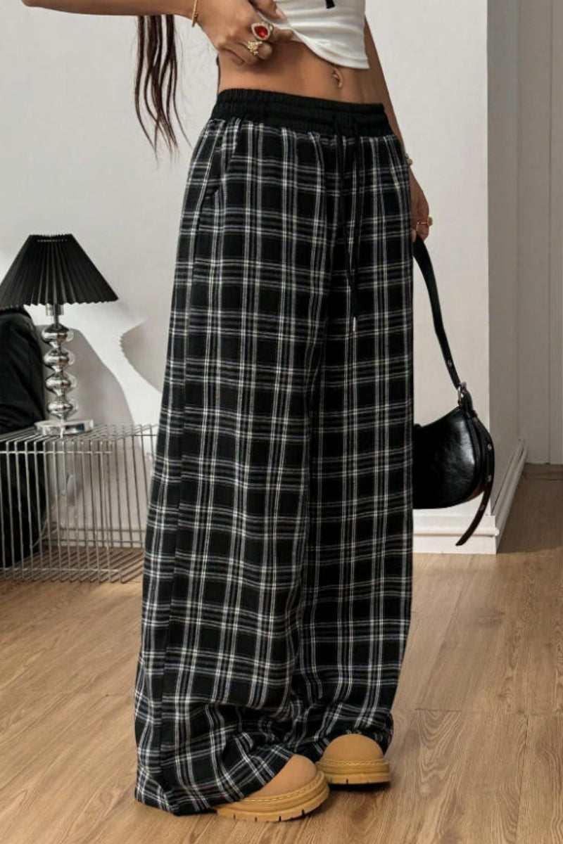 Plaid Wide Leg Pants Drawstring Elastic Waist Casual