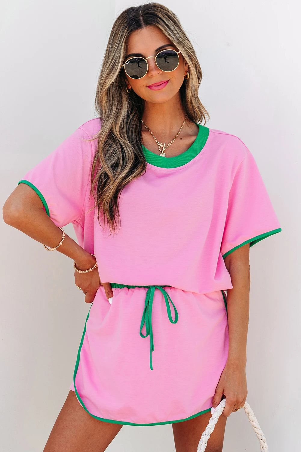Rose Red Colorblock Edge Drop Shoulder T Shirt and Skort 2Pcs Set