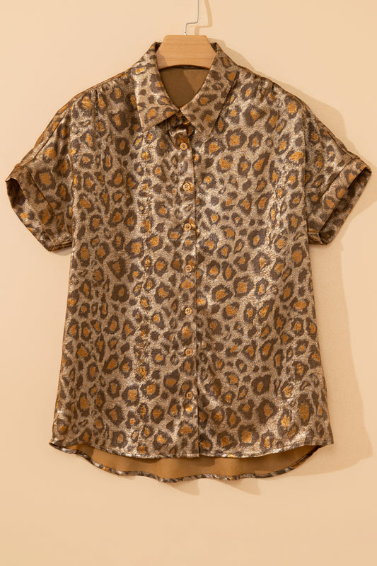Gold Metallic Leopard Short Sleeve Casual Shirt