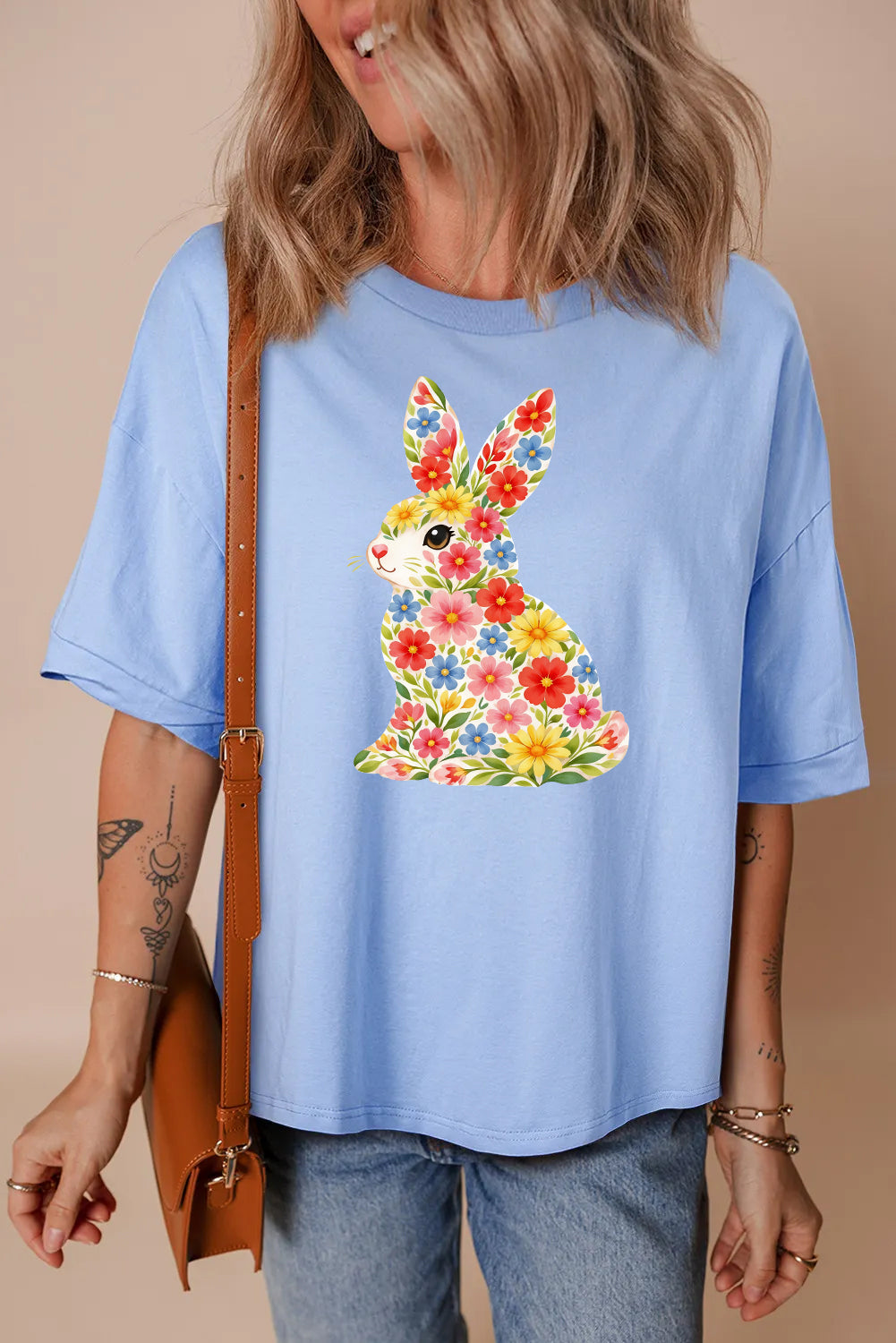 Easter Floral Bunny Graphic Tee Casual Spring Womens Top