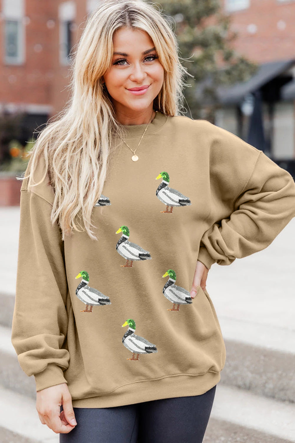 Khaki Sequin Mallard Duck Graphic Baggy Sweatshirt