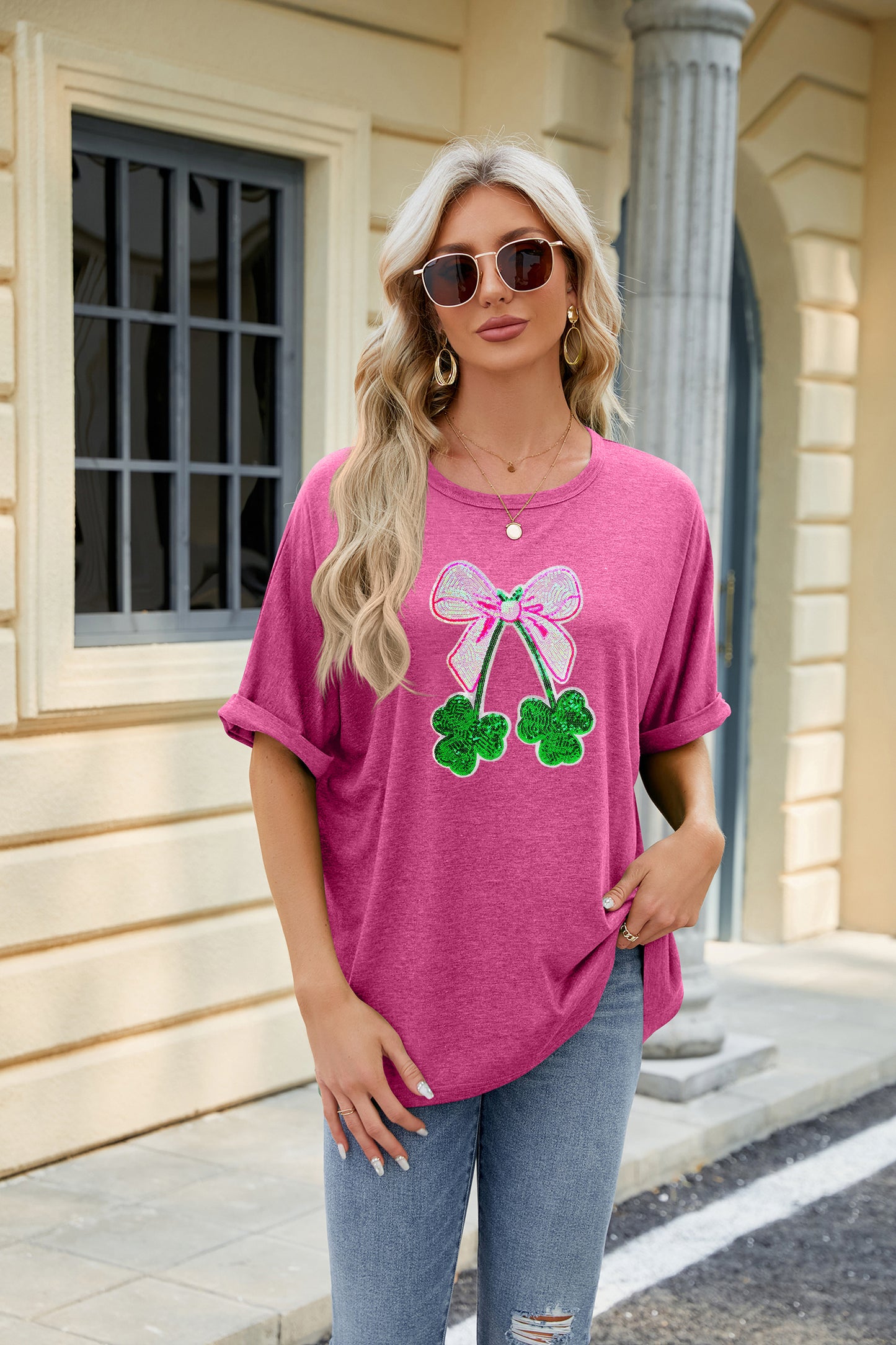 St Patrick’s Day Sequin Bow Clover Graphic Tee