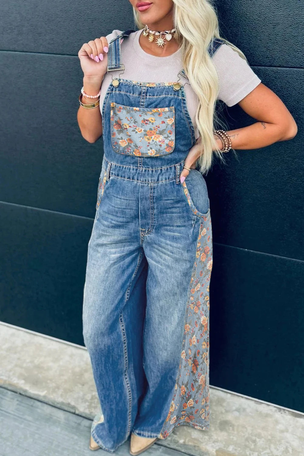 Blue Floral Patchwork Bib Denim Wide Leg Overalls