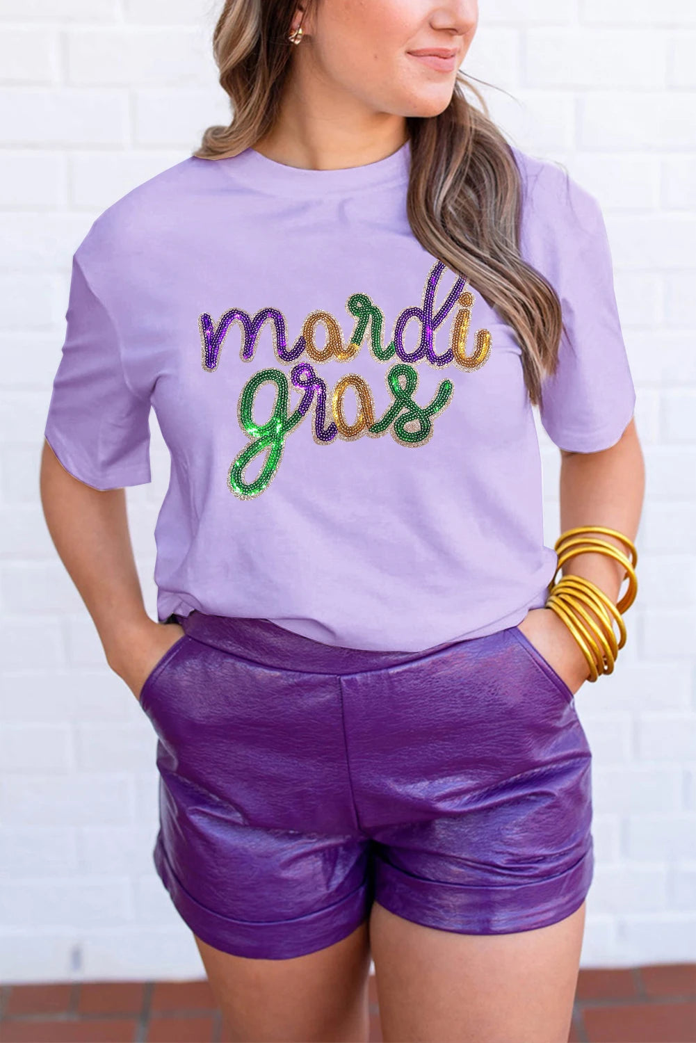 White Sequin mardi gras Graphic Shirt