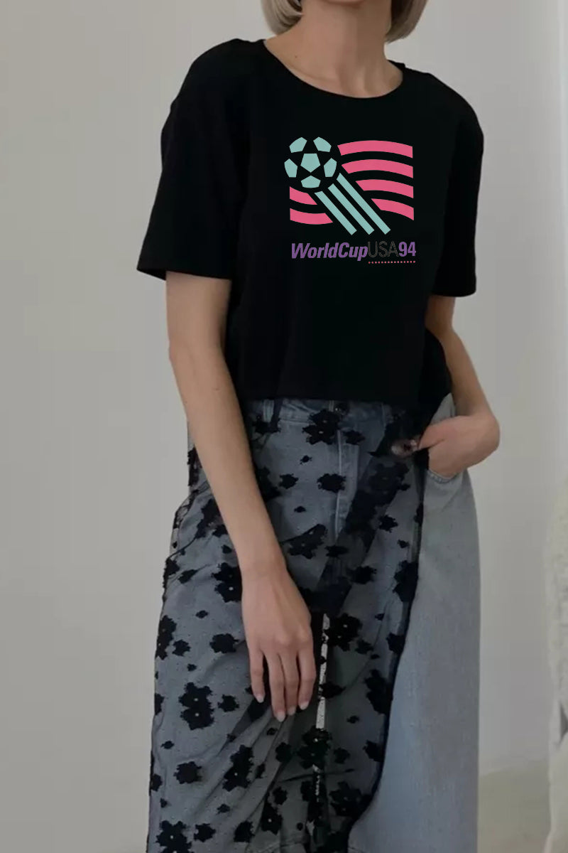 Vintage World Cup USA Graphic Crop Tee Casual Short Sleeve T Shirt