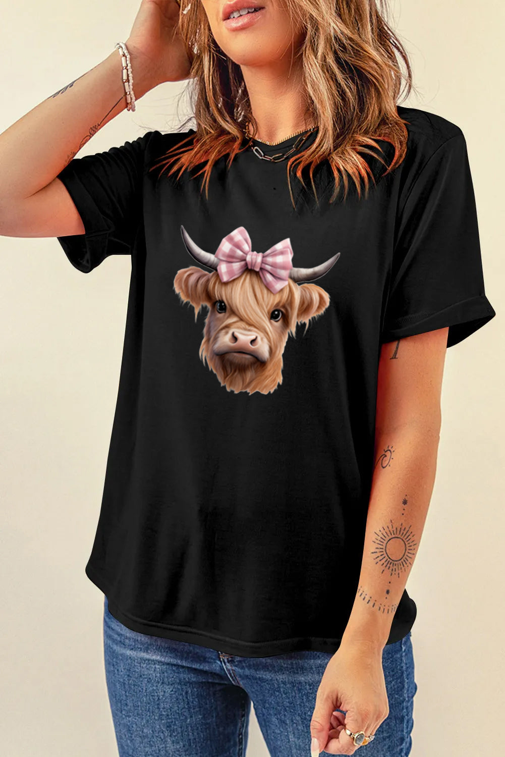 Western Bow Highland Cow Graphic Tee for Women