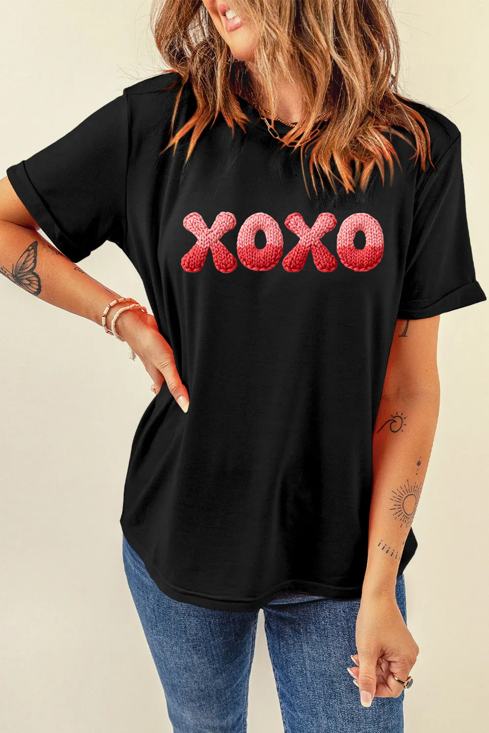Valentine’s Day XOXO Knit Letter Graphic Tee（Not Embroidery）