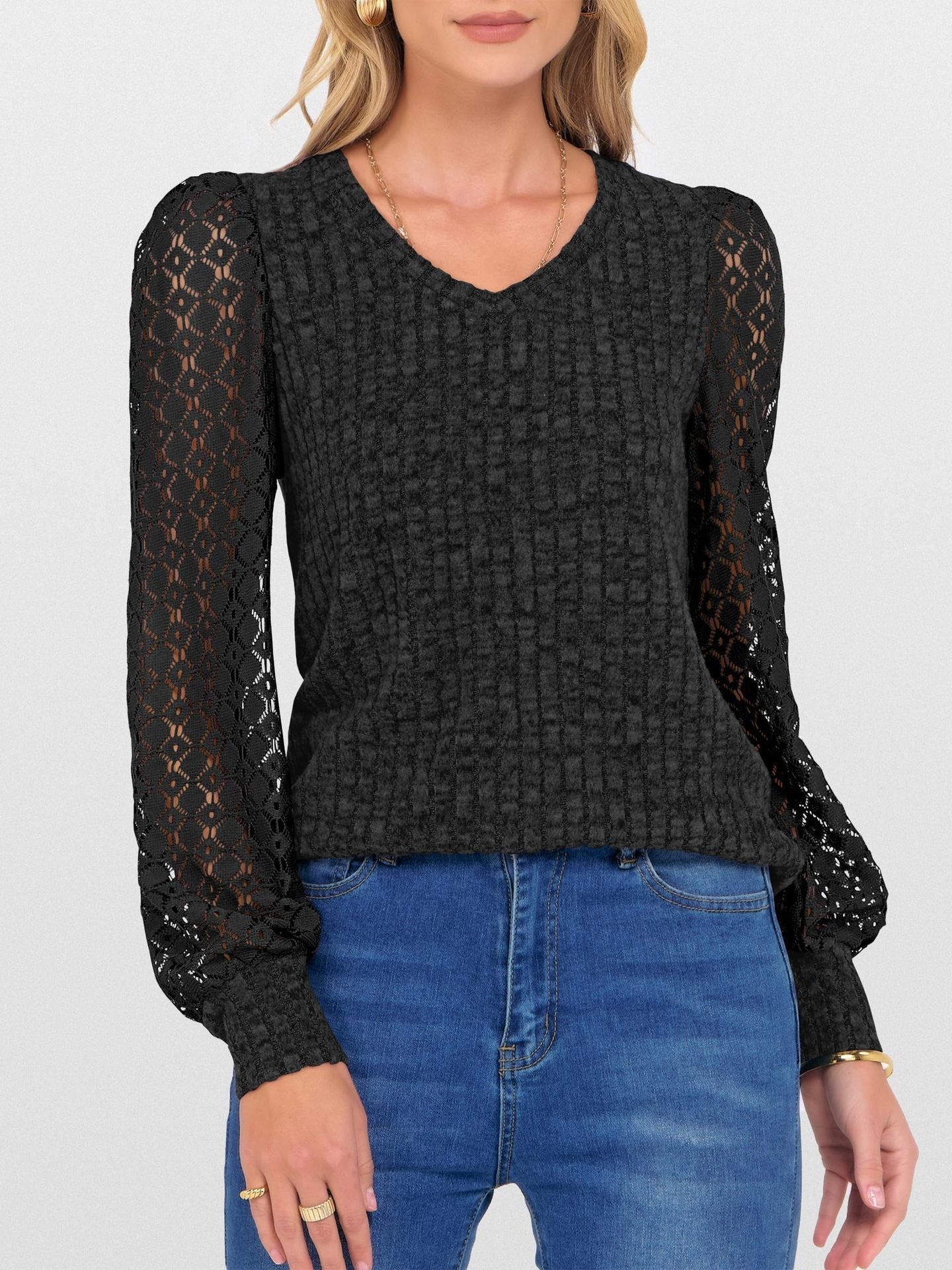 V-Neck Knit Top with Lace Puff Long Sleeves