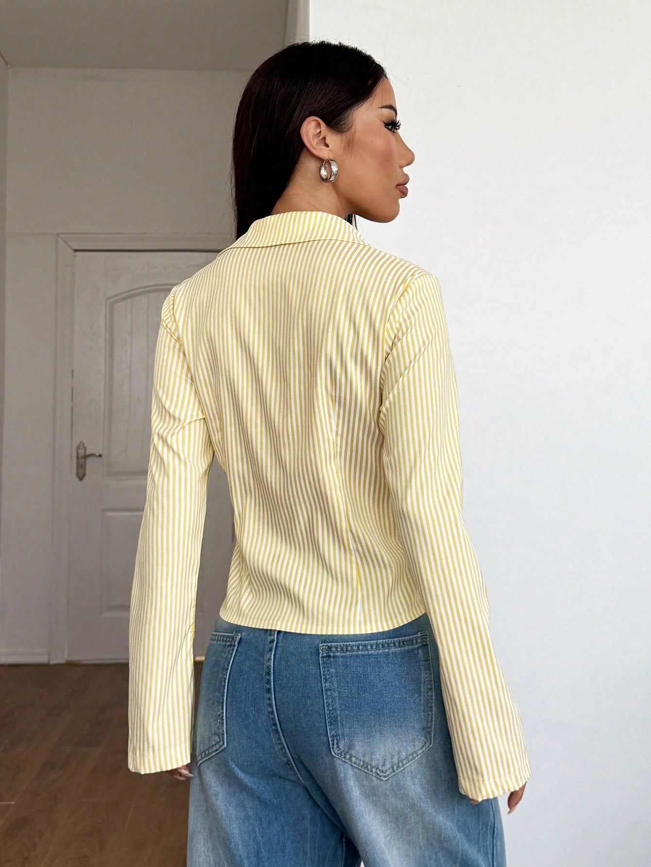 Striped Button-Up Shirt Fitted Long Sleeve Work Blouse