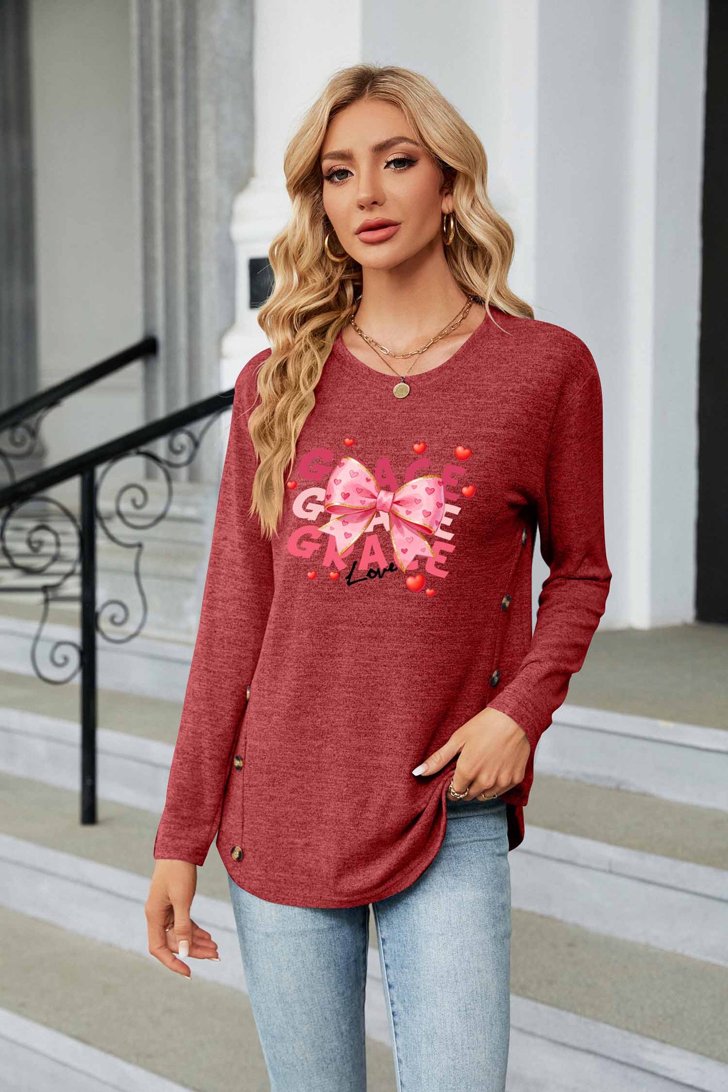 Valentine's Day Bow Love Graphic Everyday Long Sleeve