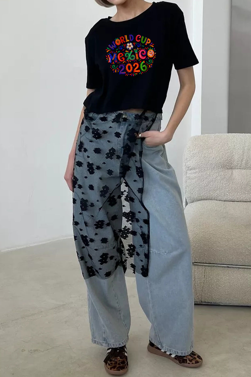 World Cup Mexico 2026 Graphic Crop Tee Colorful Soccer T Shirt Women