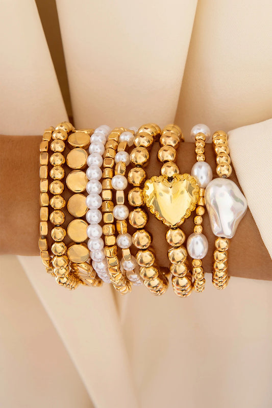 Gold Alloy Plated Pearl Beading 10pcs Bracelet Set