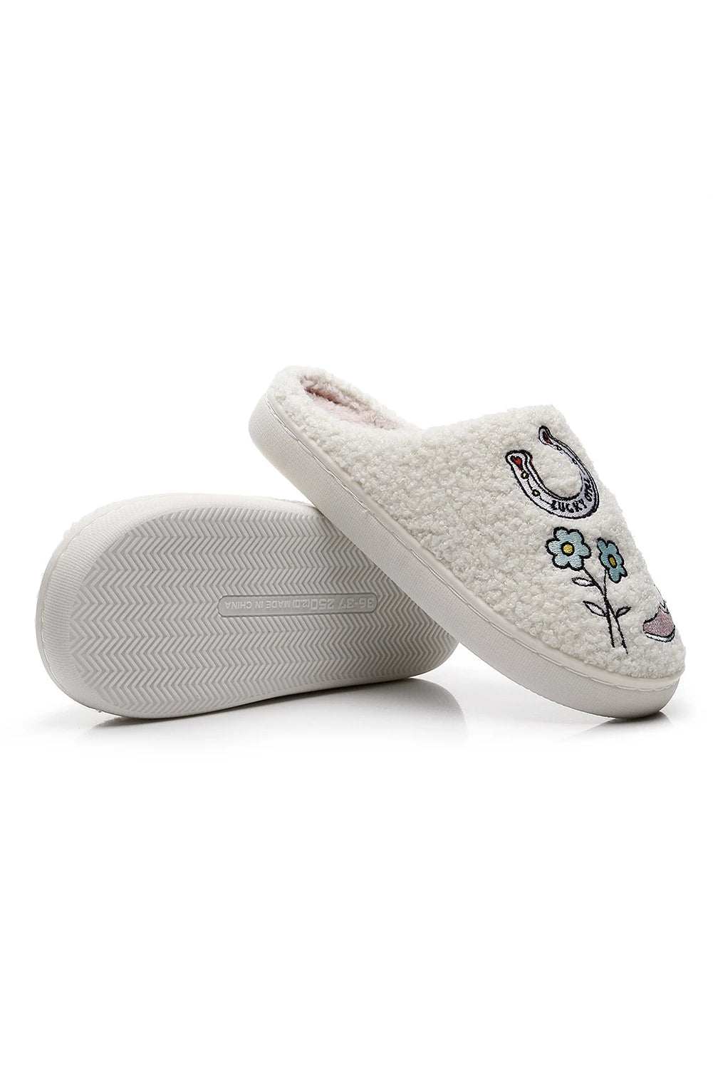 White Asymmetric Embroidered Pattern Cowgirl Plush House Slippers